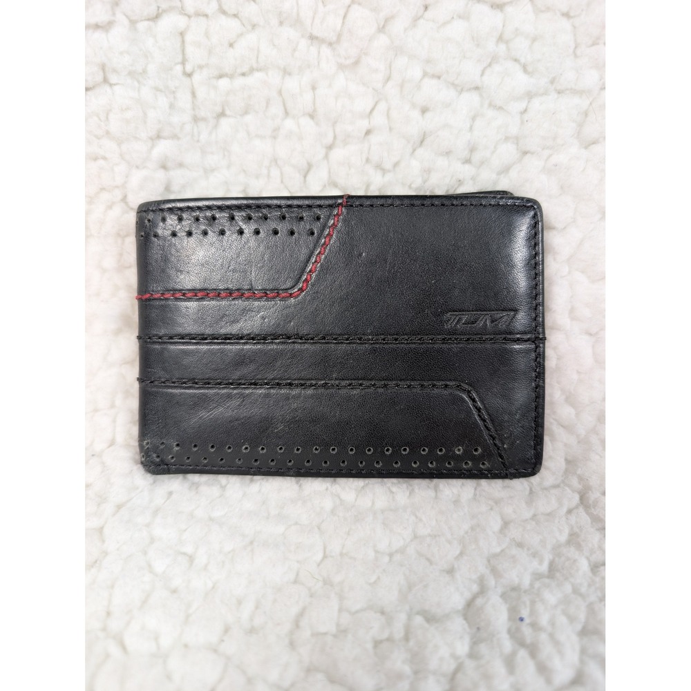 Tumi Mens Black Leather‎ Perforated Bifold Wallet Red Stitching Slim Billfold